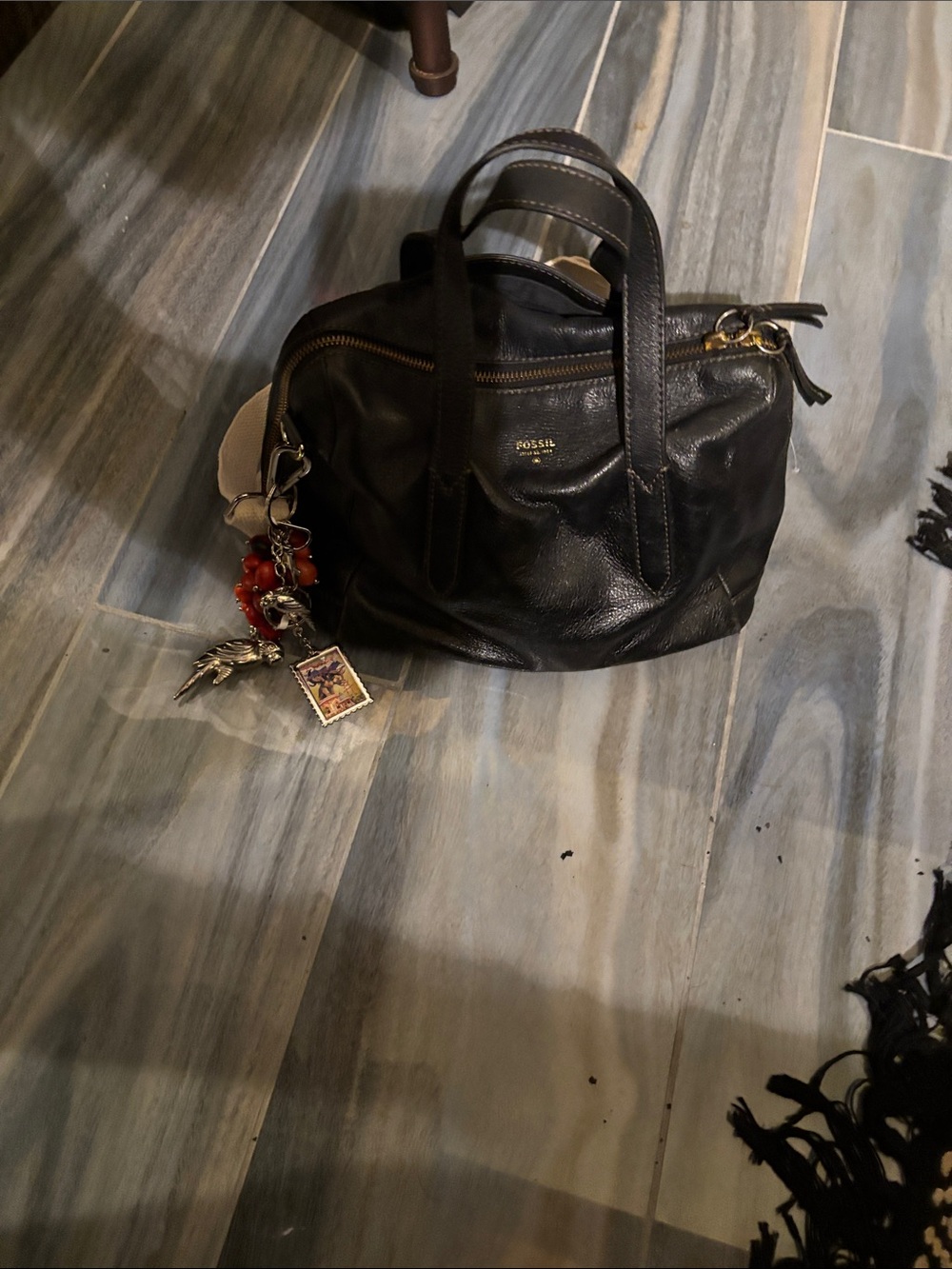 Fossil Black Leather Satchel with Charm Accents/Strap non Fossil)